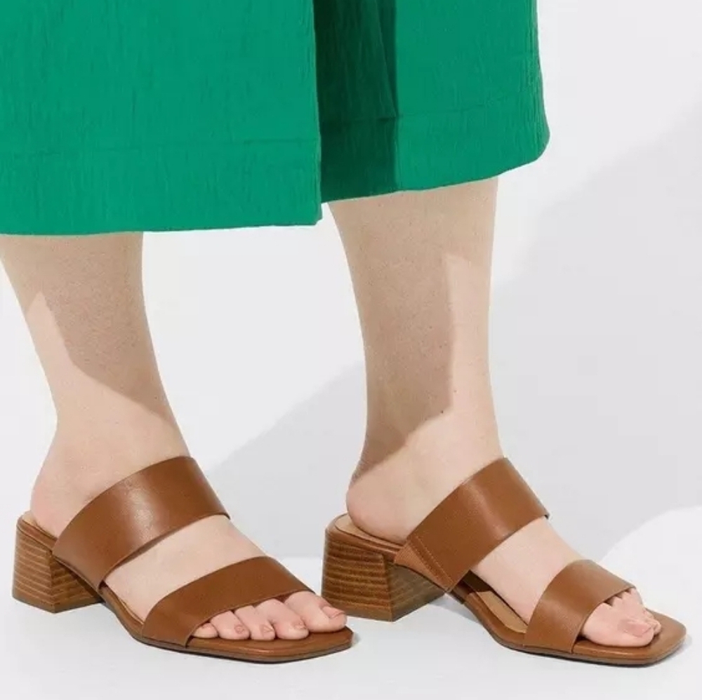 Torrid Square Toe Double Band Block Heel Mule Sandal Cognac 9W Wide Width new